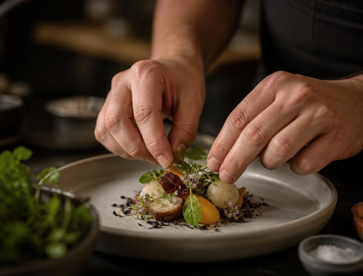 Manos de chef emplatando un plato contemporáneo con producto de temporada